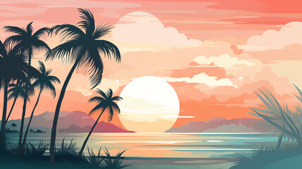 Fototapeta na wymiar Abstract landscape 07 Beach sunset in summer Mountain Minimalist style, Flat design, vanilla sky