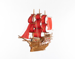 pirate ship with red sails isolated on white background