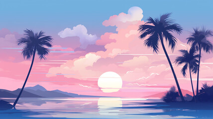 Abstract landscape 09 Beach sunset in summer Mountain Minimalist style, Flat design, vanilla sky