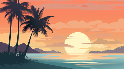 Fototapeta na wymiar Abstract landscape 10 Beach sunset in summer Mountain Minimalist style, Flat design, vanilla sky