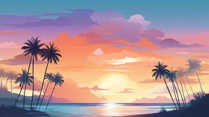 Fototapeta na wymiar Abstract landscape 11 Beach sunset in summer Mountain Minimalist style, Flat design, vanilla sky