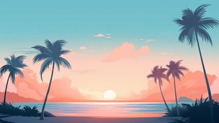 Fototapeta na wymiar Abstract landscape 12 Beach sunset in summer Mountain Minimalist style, Flat design, vanilla sky