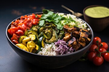 burrito bowl full of grilled veggies on a dark slate
