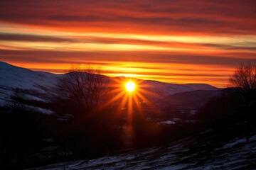 blazing winter solstice sunset behind silhouetted hills