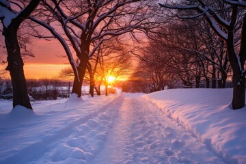 snowy path leading towards winter solstice sunset - obrazy, fototapety, plakaty