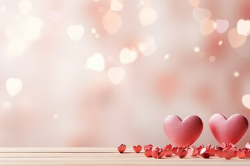 Pink hearts on a wooden table against a light defocused bokeh background. Love, Valentine's Day concept.