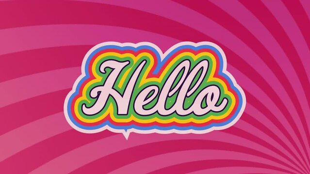 Animation of hello text banner over radial rays in seamless pattern on pink background
