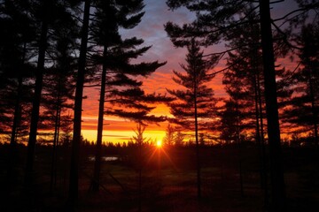 silhouetted pine trees against a solstice sunrise