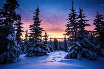 Fototapeta na wymiar snow-covered pine trees under a dusk sky