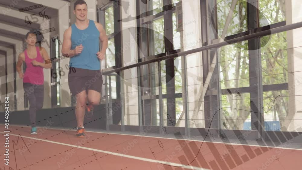 Poster animation of statistical data processing against diverse fit man and woman running at the gym