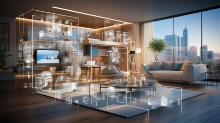 Fototapeta na wymiar Smart home technology refers to the concept of a virtual interface that can be used to manage and operate a wide range of systems and devices within a household