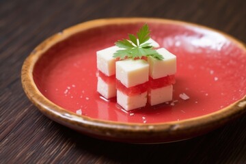 sight of bright red watermelon and white feta on a beige dish