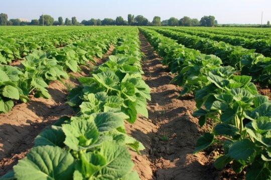 Multiple Rows Of Green Watermelon Plants In The Field