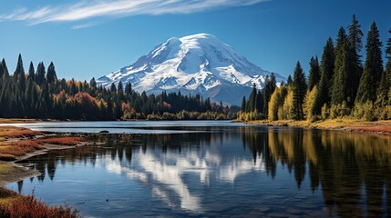  a mountain with a snow capped peak is reflected in a lake.  generative ai