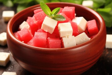 close-up of a bowl filled with juicy watermelon cubes and feta cheese