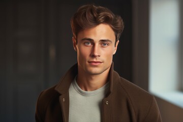 Handsome young man in coat on light background. Single casual portrait of male person. Generate Ai