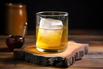 whiskey sour in a rocks glass on a wood board