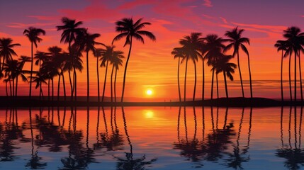 Tropikal bir gün doğumu veya gün batımının arka planında palmiye ağaçlarının silueti. - obrazy, fototapety, plakaty