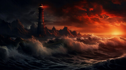 An abandoned haunted lighthouse at night during rough sea storm - obrazy, fototapety, plakaty
