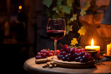 red wine with grapes and a candle on the table