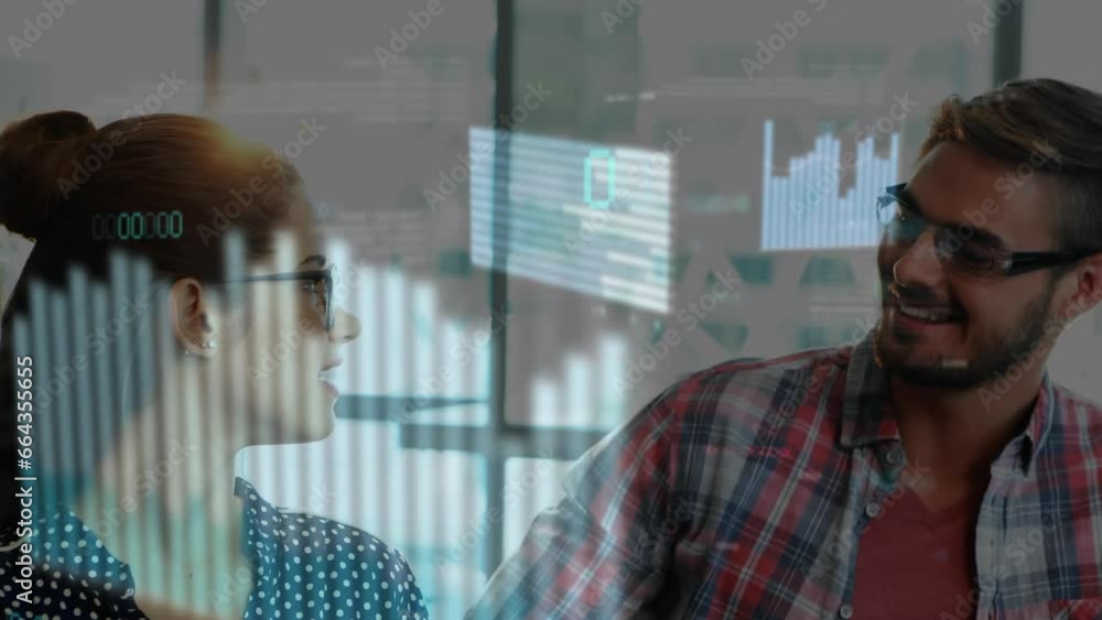 Poster animation of statistical data processing against portrait of diverse man and woman smiling at office