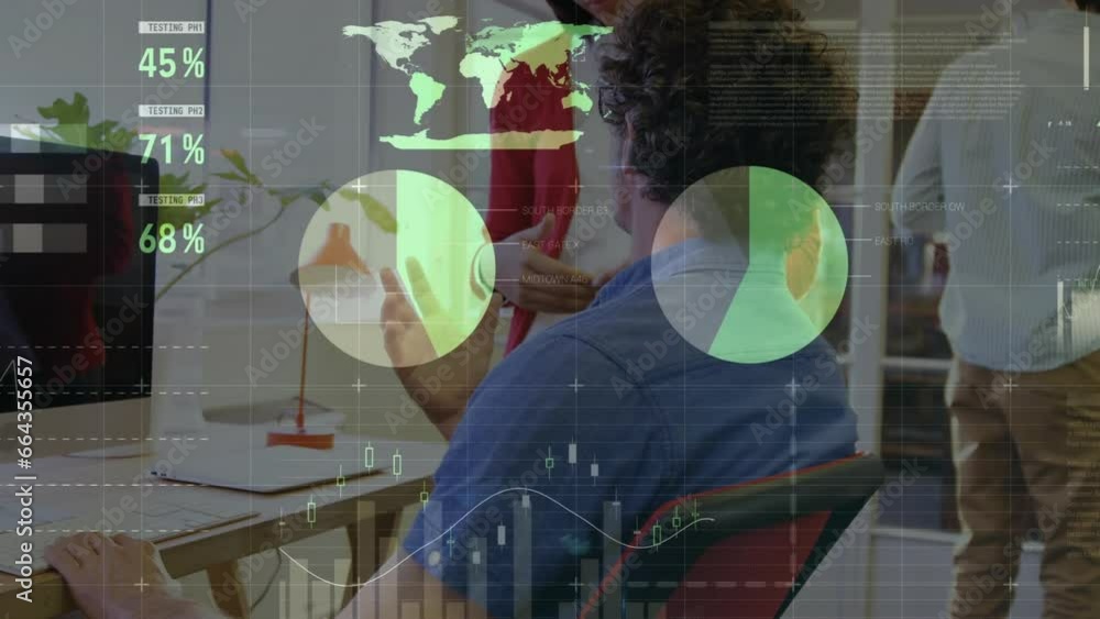 Aufkleber animation of statistical data processing against diverse man and woman discussing at office
