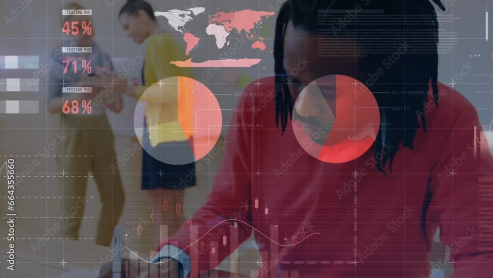 Poster animation of statistical data processing against portrait of african american man smiling at office