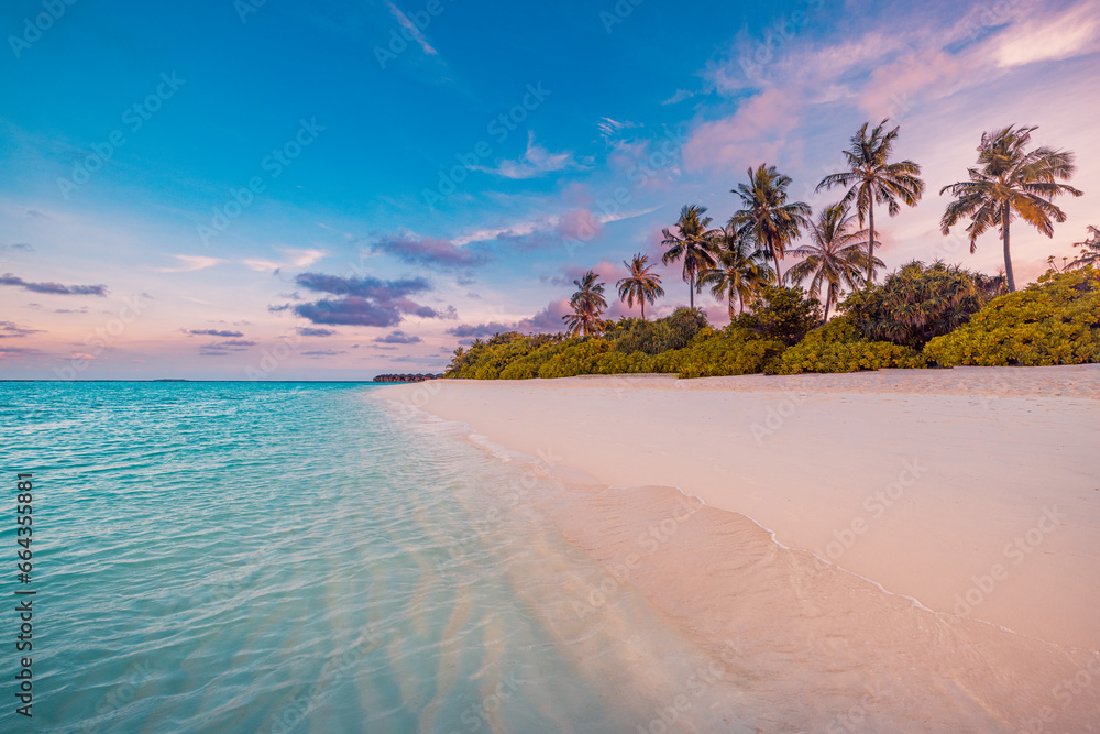 Sticker amazing closeup sea wave beach panorama. dramatic romantic colorful sunset paradise island coconut p - Stickers