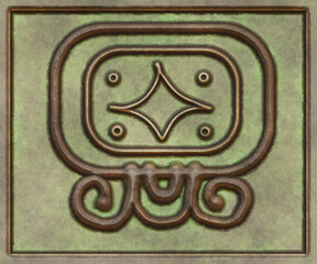 Hieroglyphic writing of the Maya tribe- 3d illustration. Metal background- antique decoration.