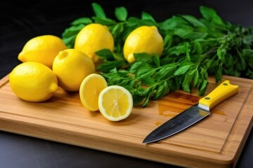 lemons on a wooden chopping board with a knife