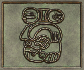 Hieroglyphic writing of the Maya tribe- 3d illustration. Metal background- antique decoration.