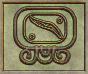 Hieroglyphic writing of the Maya tribe- 3d illustration. Metal background- antique decoration.
