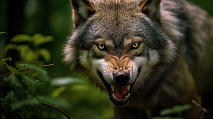 A close-up of a fierce gray wolf.
