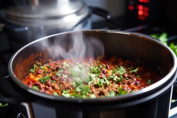 a mexican chili dish cooked in an instant pot, steam rising