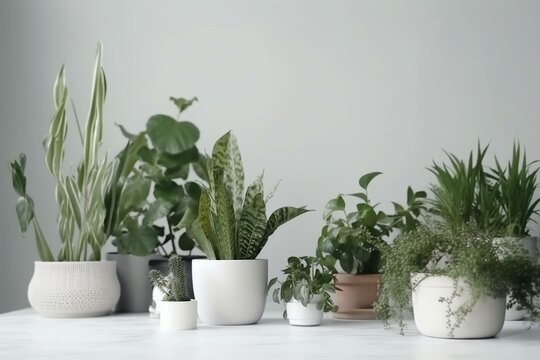 Mockup of house plants against a white wall. Group of green plants creating a healthy microclimate and purifying the air. Generative AI