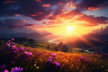 Captivating sunrise/sunset over stunning scenery, symbolizing optimism, rejuvenation, and a promising tomorrow. Generative AI