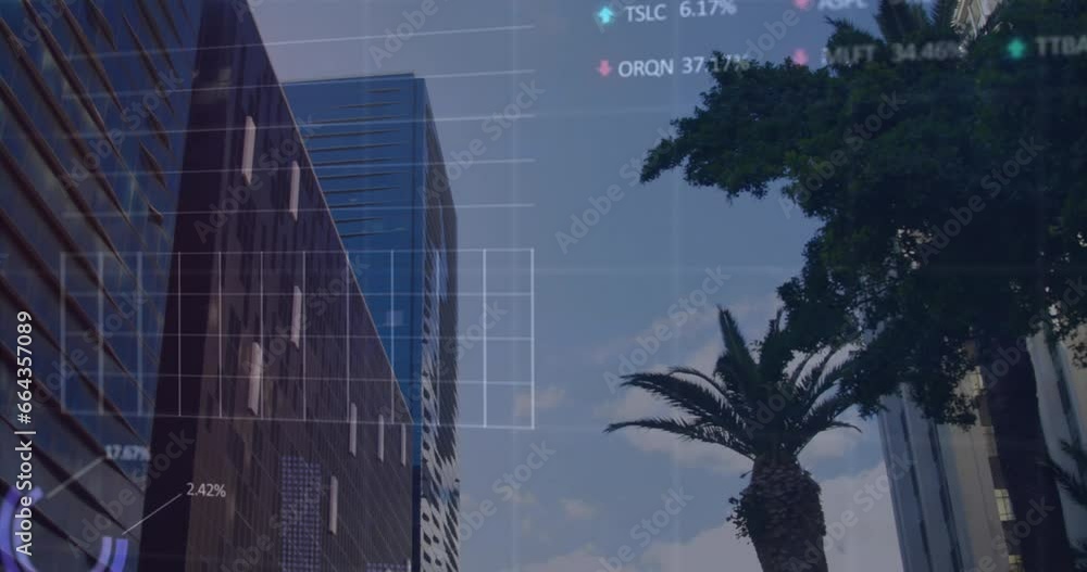 Poster animation of multiple graphs and trading board over low angle view of trees and building against sky