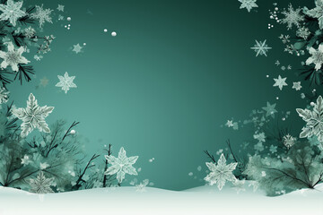 White snowflake print, ppt template, copy space, white and green background. AI generative