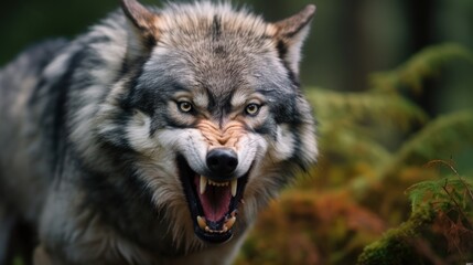 A close-up of a fierce gray wolf.