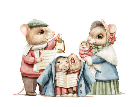 Watercolor vintage family mice in clothes looks at notes and sings Christmas songs isolated on white background. Hand drawn illustration sketch