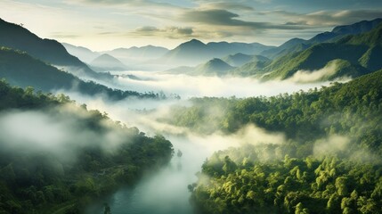 The image captures a foggy jungle landscape.