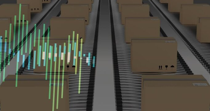 Animation of graphs over moving cardboard boxes on conveyor belts