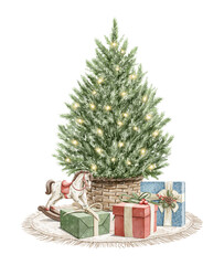 Watercolor vintage composition withgreen classic Christmas tree and boxes of Christmas gift presents and toys isolated on white background. Hand drawn illustration sketch