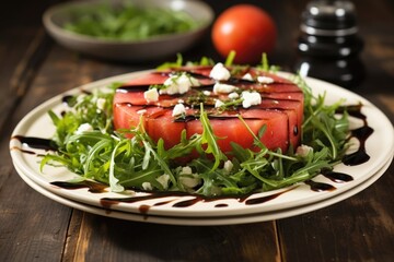 watermelon salad with arugula and balsamic glaze on a rustic table