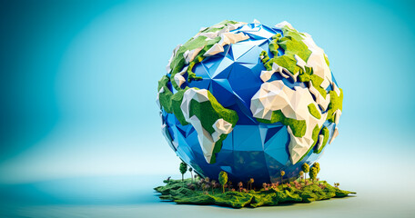 Low poly 3D Earth surrounded by serene whitespace, minimalist design. Generated AI. - obrazy, fototapety, plakaty