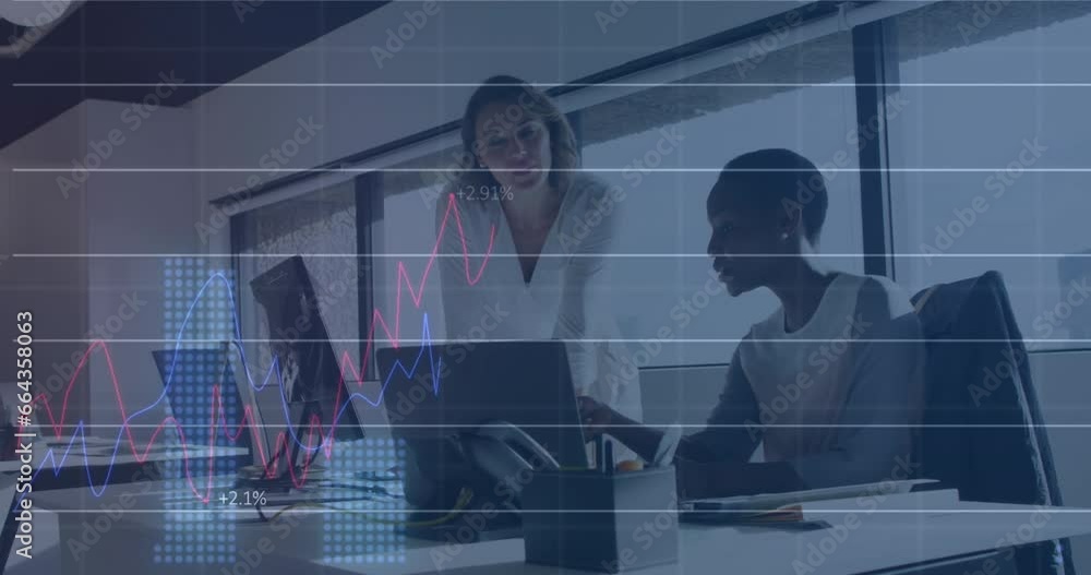 Poster animation of multiple graphs with changing numbers, diverse female coworkers discussing on desk