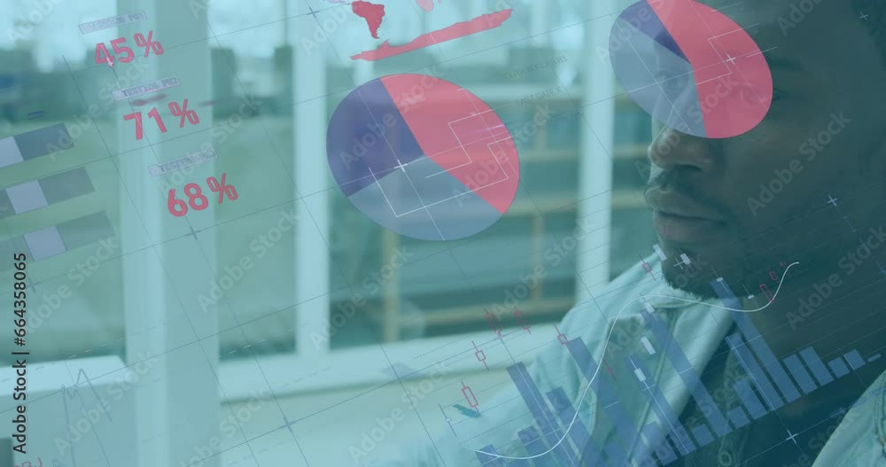 Poster animation of infographic interface over close up of african american man working on computer