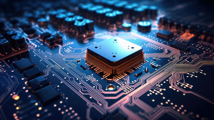 Glowing modern processor. Big illuminated graphic processor surrounding by other electrical components. Special tone image. Low aperture shot, focus on lower part of chip.