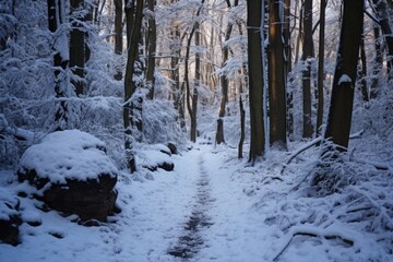 a pathway cleared of snow in a forest
