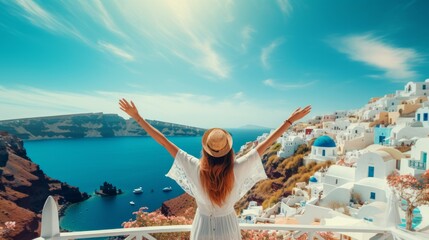 Europe travel happy vacation woman. Girl tourist having fun with open arms in freedom in Santorini...